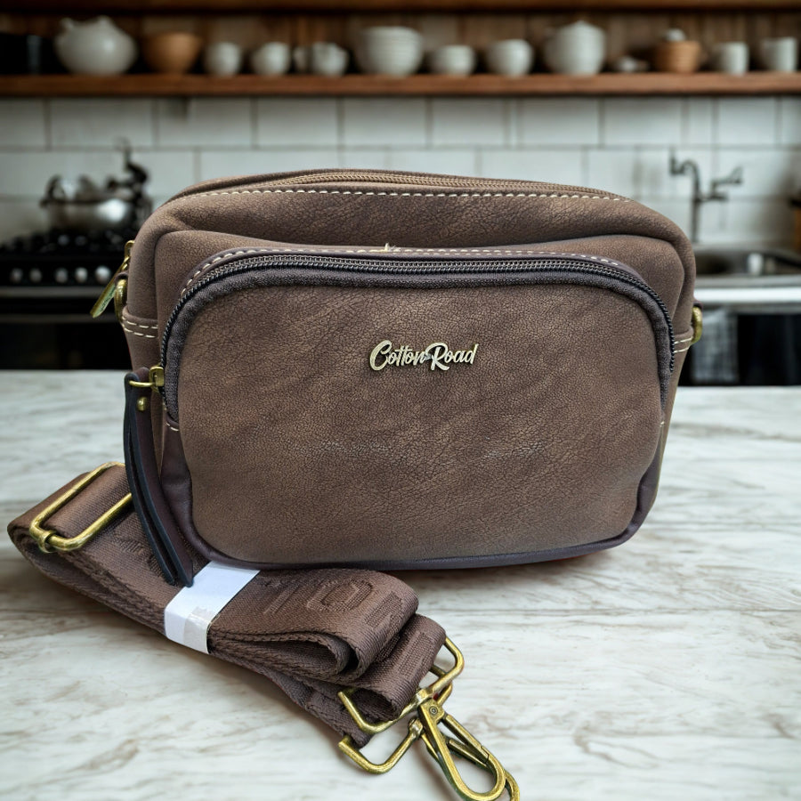 Cotton Road Sling Bag: COFFEE BROWN Mini Crossbody with Branded Strap HERO