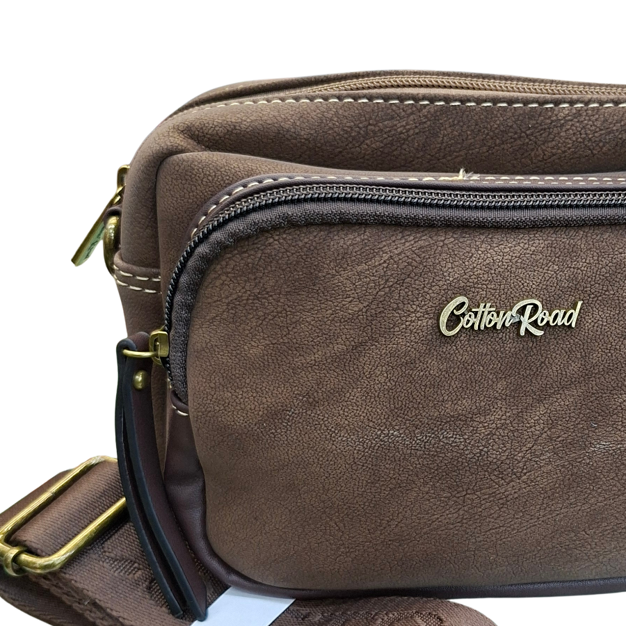 Cotton Road Sling Bag: COFFEE BROWN Mini Crossbody with Branded Strap NEAR