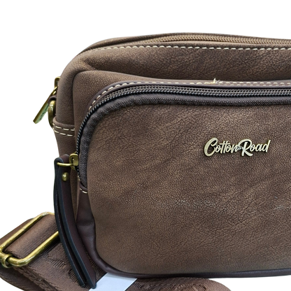 Cotton Road Sling Bag: COFFEE BROWN Mini Crossbody with Branded Strap NEAR