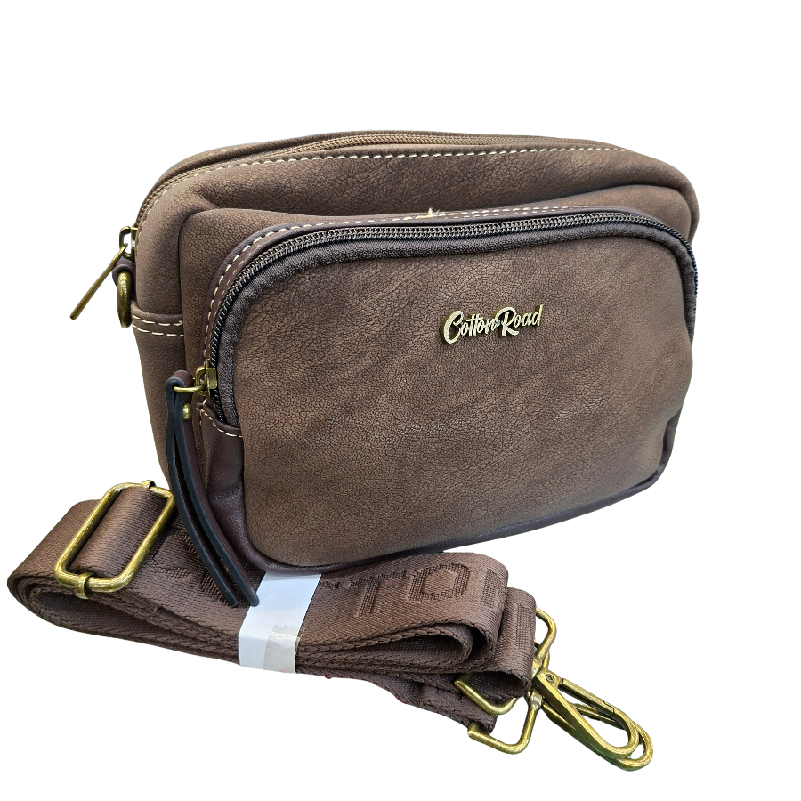Cotton Road Sling Bag: COFFEE BROWN Mini Crossbody with Branded Strap SET VIEW