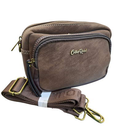 Cotton Road Sling Bag: COFFEE BROWN Mini Crossbody with Branded Strap SET VIEW