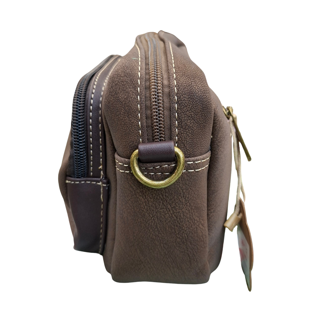 Cotton Road Sling Bag: COFFEE BROWN Mini Crossbody with Branded Strap SIDE