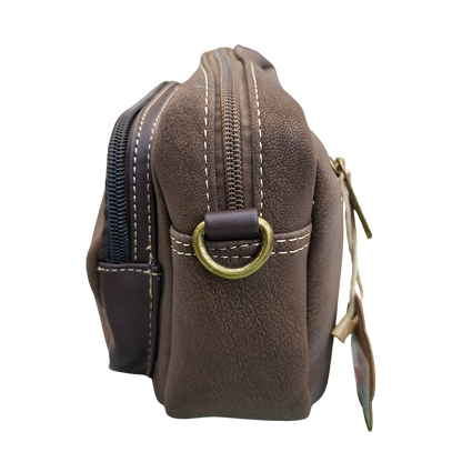 Cotton Road Sling Bag: COFFEE BROWN Mini Crossbody with Branded Strap SIDE