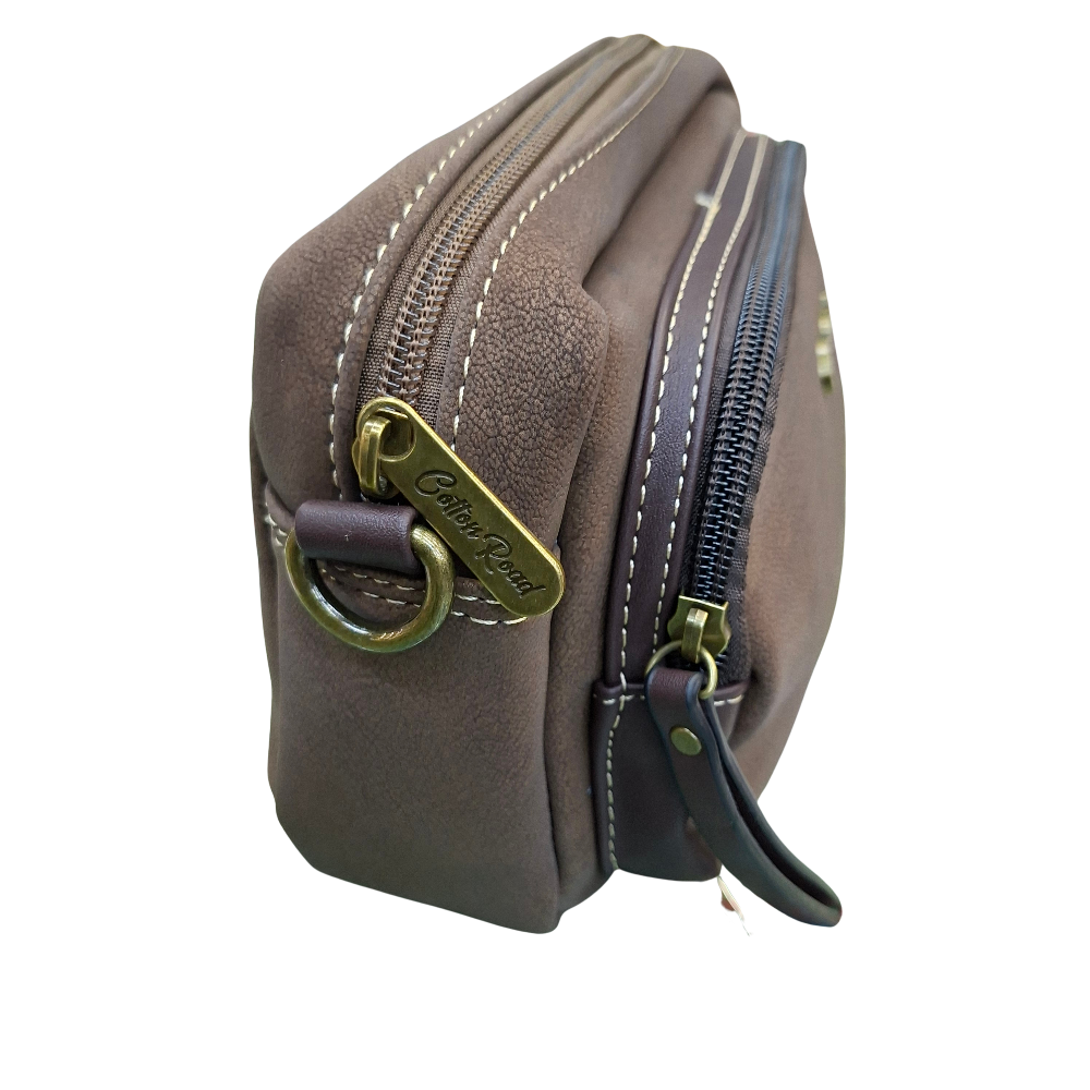 Cotton Road Sling Bag: COFFEE BROWN Mini Crossbody with Branded Strap SIDE ZIP VIEW