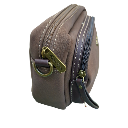 Cotton Road Sling Bag: COFFEE BROWN Mini Crossbody with Branded Strap SIDE ZIP VIEW