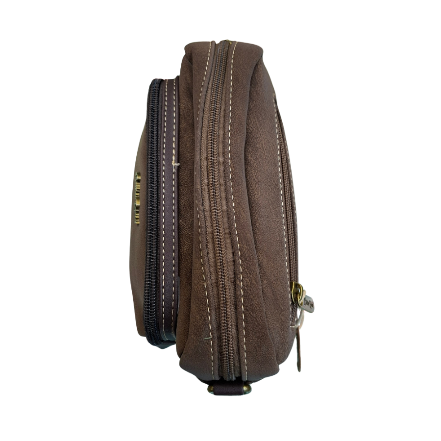 Cotton Road Sling Bag: COFFEE BROWN Mini Crossbody with Branded Strap TOP ZIP VIEW