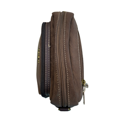 Cotton Road Sling Bag: COFFEE BROWN Mini Crossbody with Branded Strap TOP ZIP VIEW