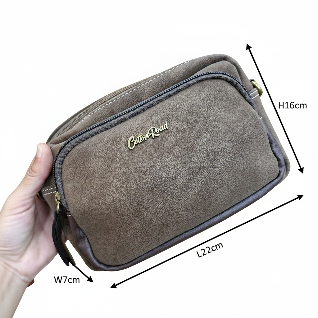 Cotton Road Sling Bag: COFFEE BROWN Mini Crossbody with Branded Strap