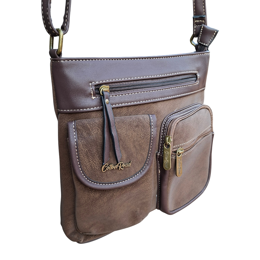 Cotton Road Sling Bag: COFFEE BROWN Multi-pocket Crossbody with Adjustable Strap FRONT