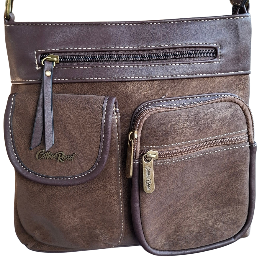 Cotton Road Sling Bag: COFFEE BROWN Multi-pocket Crossbody with Adjustable Strap FRONT POCKET DETAIL