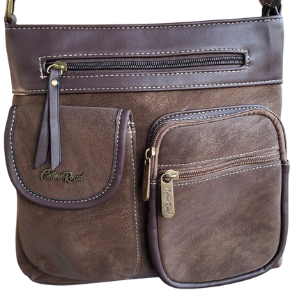 Cotton Road Sling Bag: COFFEE BROWN Multi-pocket Crossbody with Adjustable Strap FRONT POCKET DETAIL