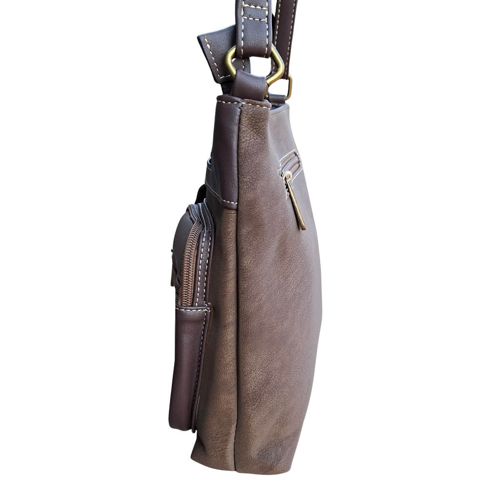 Cotton Road Sling Bag: COFFEE BROWN Multi-pocket Crossbody with Adjustable Strap SIDE DETAIL