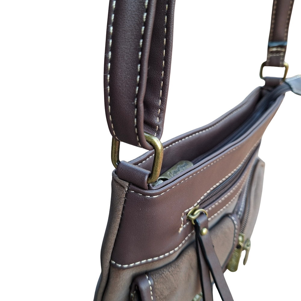 Cotton Road Sling Bag: COFFEE BROWN Multi-pocket Crossbody with Adjustable Strap SIDE TOP DETAIL