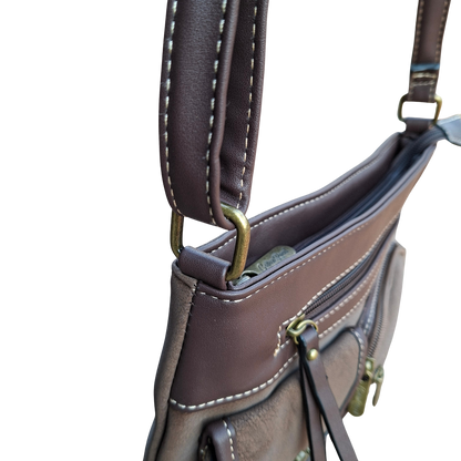 Cotton Road Sling Bag: COFFEE BROWN Multi-pocket Crossbody with Adjustable Strap SIDE TOP DETAIL