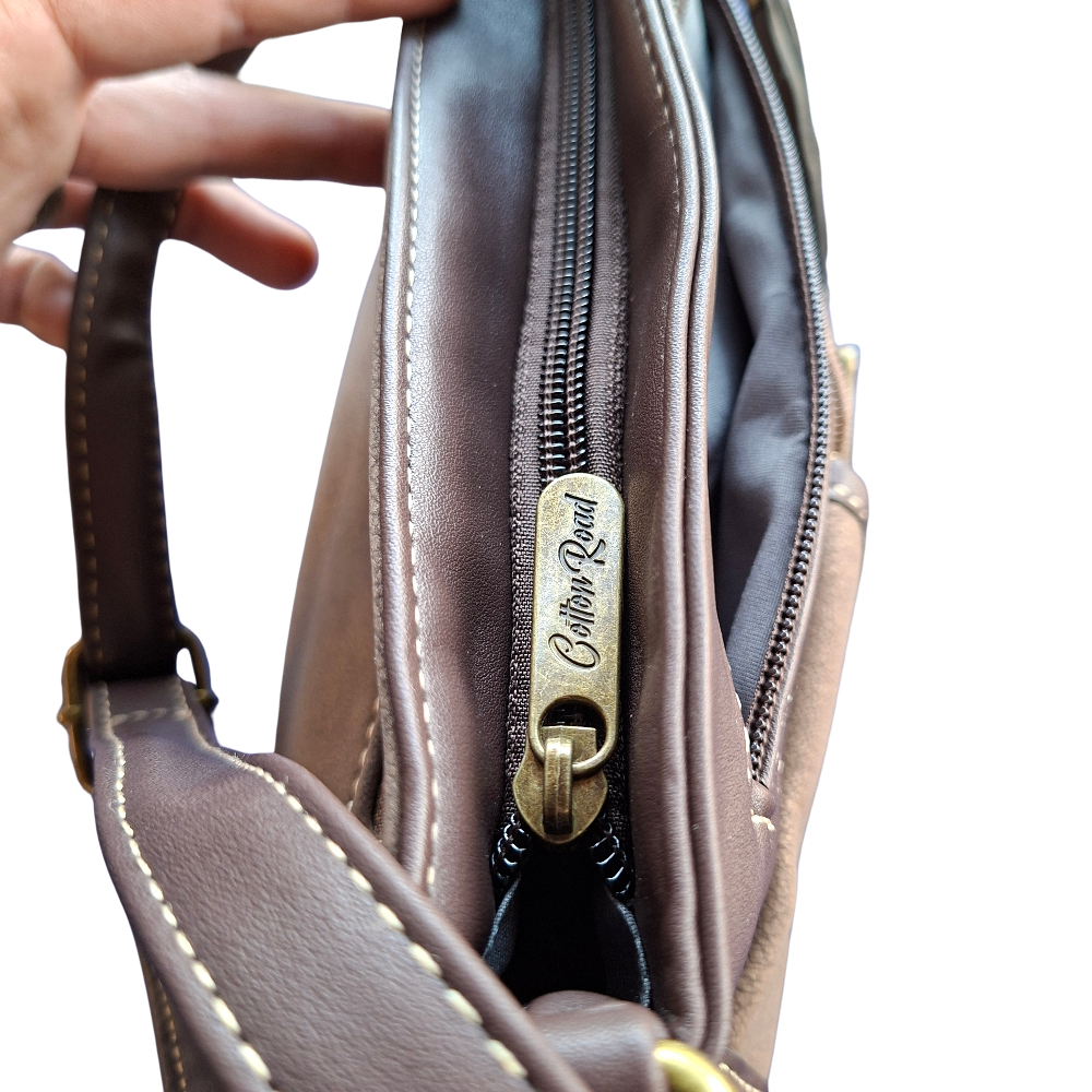 Cotton Road Sling Bag: COFFEE BROWN Multi-pocket Crossbody with Adjustable Strap TOP ZIP DETAIL