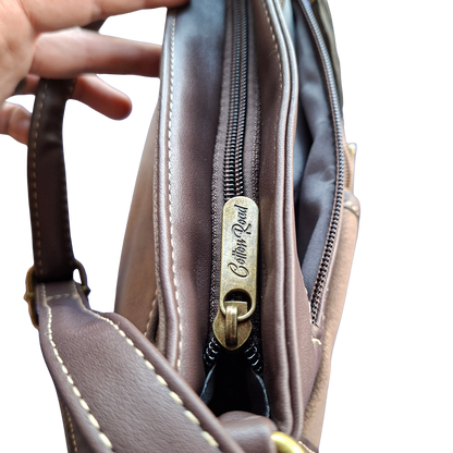 Cotton Road Sling Bag: COFFEE BROWN Multi-pocket Crossbody with Adjustable Strap TOP ZIP DETAIL