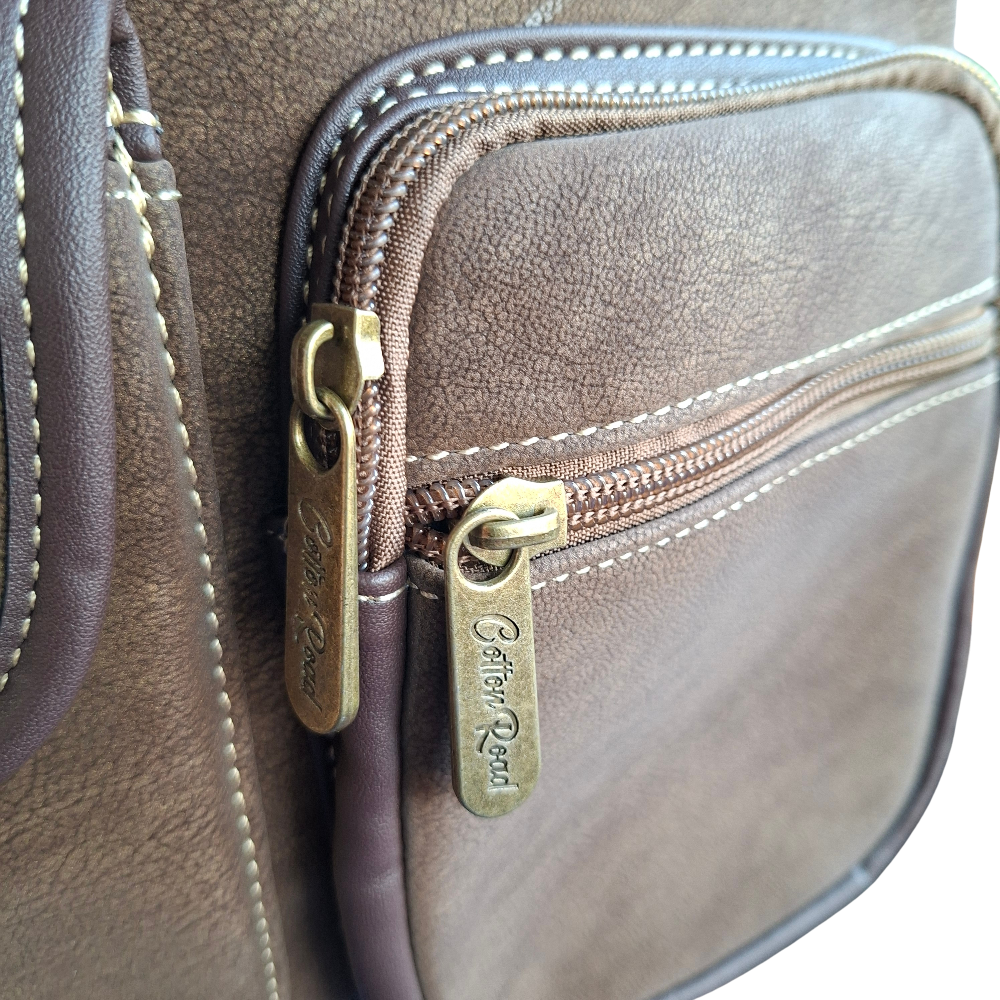Cotton Road Sling Bag: COFFEE BROWN Multi-pocket Crossbody with Adjustable Strap ZIP DETAIL