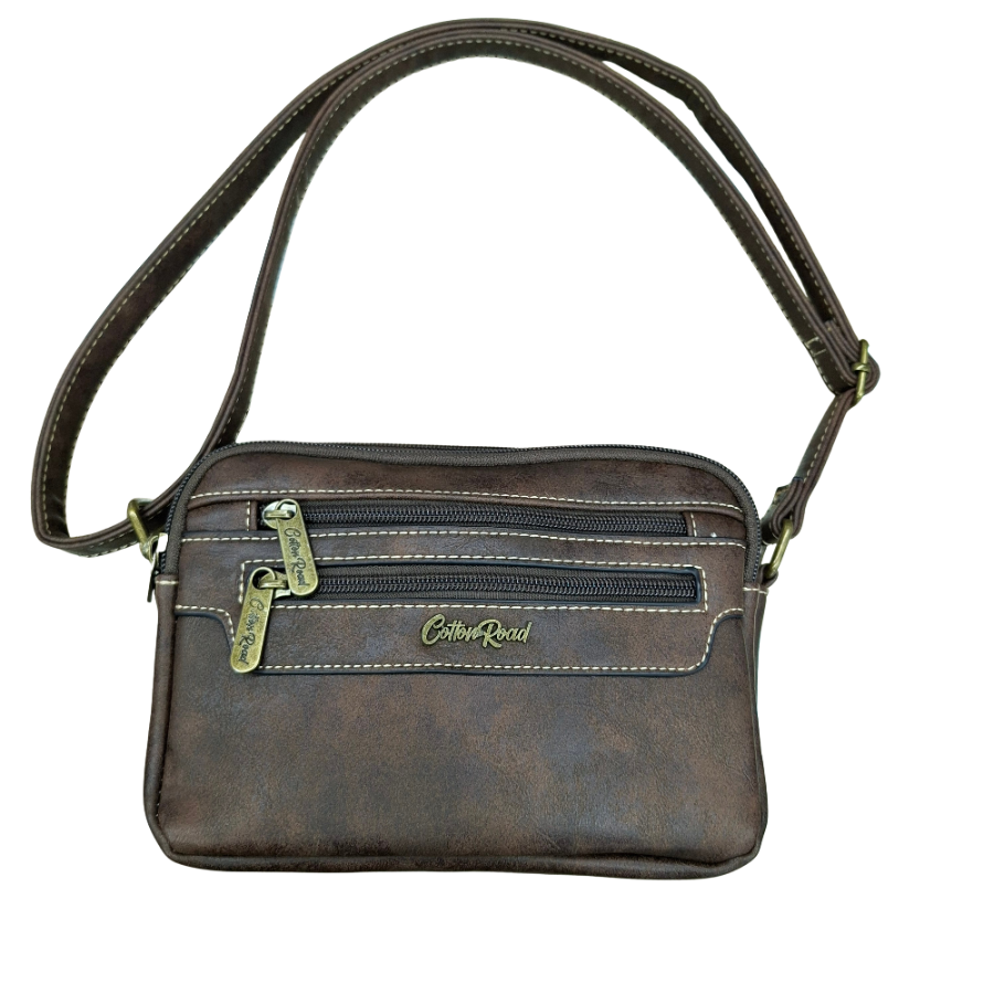 Cotton Road Sling Bag: COFFEE BROWN PU Leather Crossbody with Adjustable Strap FRONT