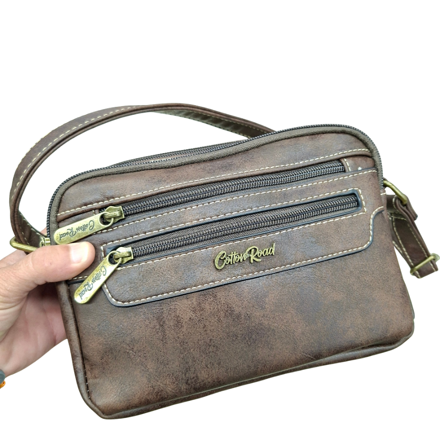 Cotton Road Sling Bag: COFFEE BROWN PU Leather Crossbody with Adjustable Strap FRONT IN HAND VIEW