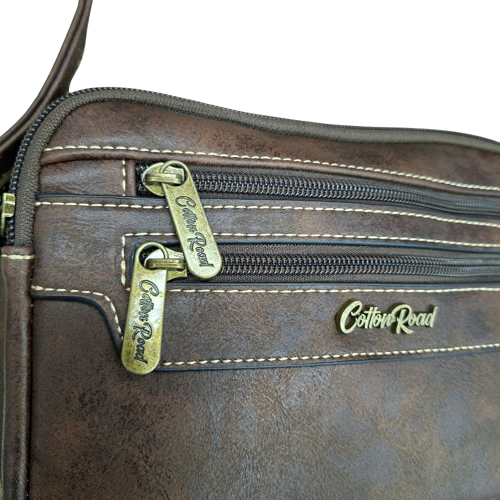 Cotton Road Sling Bag: COFFEE BROWN PU Leather Crossbody with Adjustable Strap FRONT ZOOM