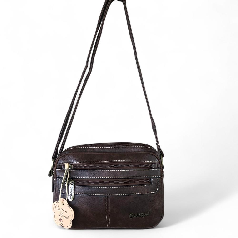 Cotton Road Sling Bag: COFFEE BROWN PU Leather Crossbody with Adjustable Strap HANGING