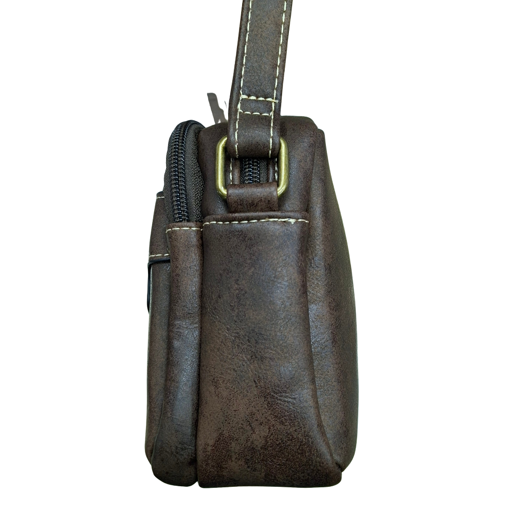 Cotton Road Sling Bag: COFFEE BROWN PU Leather Crossbody with Adjustable Strap SIDE VEW