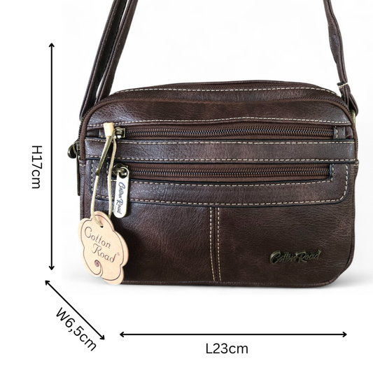 Cotton Road Sling Bag: COFFEE BROWN PU Leather Crossbody with Adjustable Strap SIZE