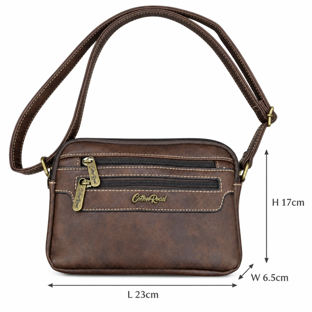 Cotton Road Sling Bag: COFFEE BROWN PU Leather Crossbody with Adjustable Strap SIZED
