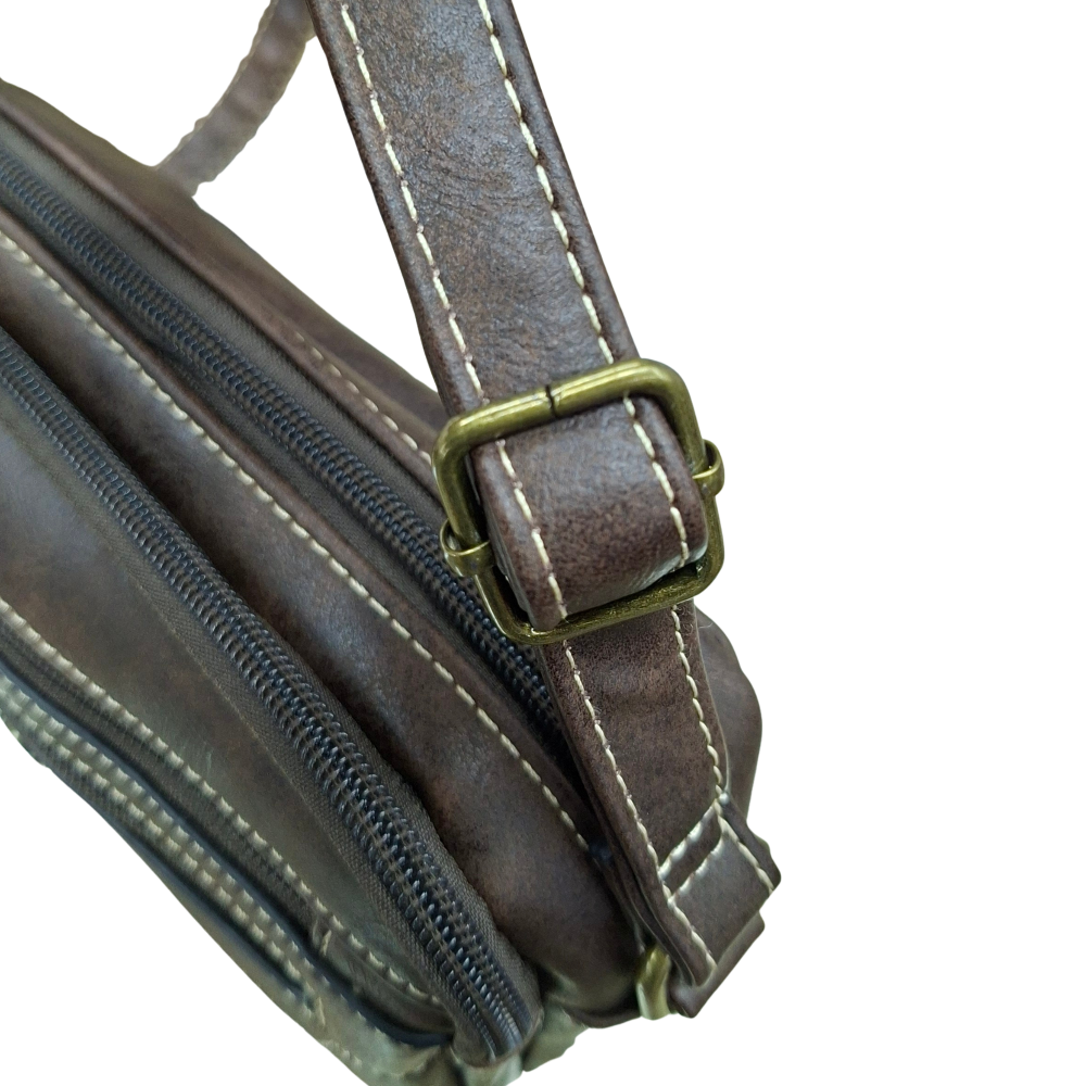 Cotton Road Sling Bag: COFFEE BROWN PU Leather Crossbody with Adjustable Strap TOP STRAP VIEW