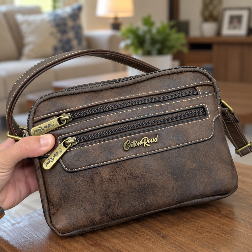 Cotton Road Sling Bag: COFFEE BROWN PU Leather Crossbody with Adjustable Strap hero