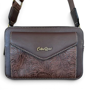 Cotton Road Sling Bag: COFFEE BROWN PU Leather Crossbody with EMBOSSED Design FRONT DETAIL VIEW