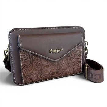 Cotton Road Sling Bag: COFFEE BROWN PU Leather Crossbody with EMBOSSED Design FRONT VIEW