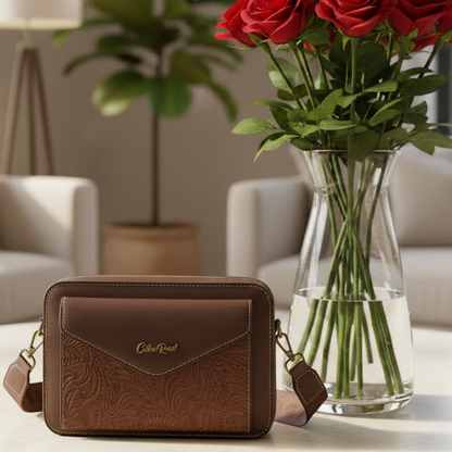 Cotton Road Sling Bag: COFFEE BROWN PU Leather Crossbody with EMBOSSED Design HERO