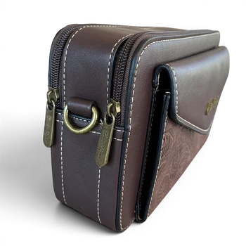 Cotton Road Sling Bag: COFFEE BROWN PU Leather Crossbody with EMBOSSED Design SIDE VIEW