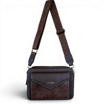 Cotton Road Sling Bag: COFFEE BROWN PU Leather Crossbody with EMBOSSED Design SLING HANGING VIEW