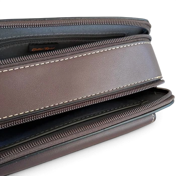 Cotton Road Sling Bag: COFFEE BROWN PU Leather Crossbody with EMBOSSED Design TOP OPEN ZIPS VIEW