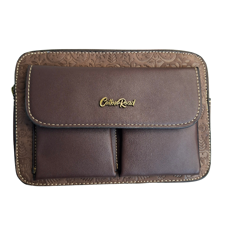 Cotton Road Sling Bag: COFFEE BROWN PU Leather Crossbody with Embossed Flowers and BRANDED FRONT TWIN POCKETS