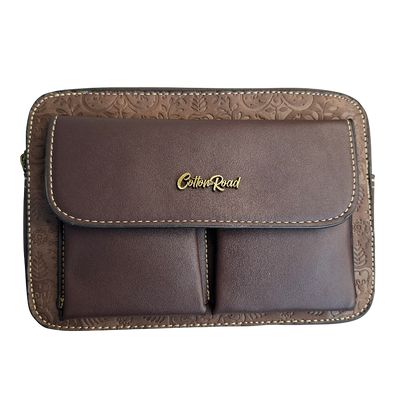 Cotton Road Sling Bag: COFFEE BROWN PU Leather Crossbody with Embossed Flowers and BRANDED FRONT TWIN POCKETS