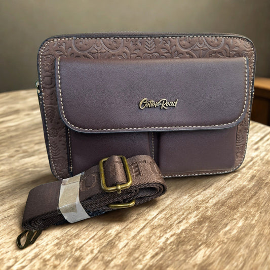 Cotton Road Sling Bag: COFFEE BROWN PU Leather Crossbody with Embossed Flowers and BRANDED STRAP HERO