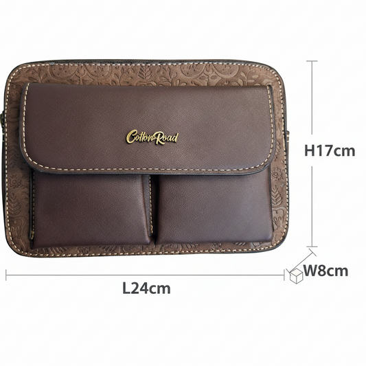 Cotton Road Sling Bag: COFFEE BROWN PU Leather Crossbody with Embossed Flowers and BRANDED STRAP SIZE