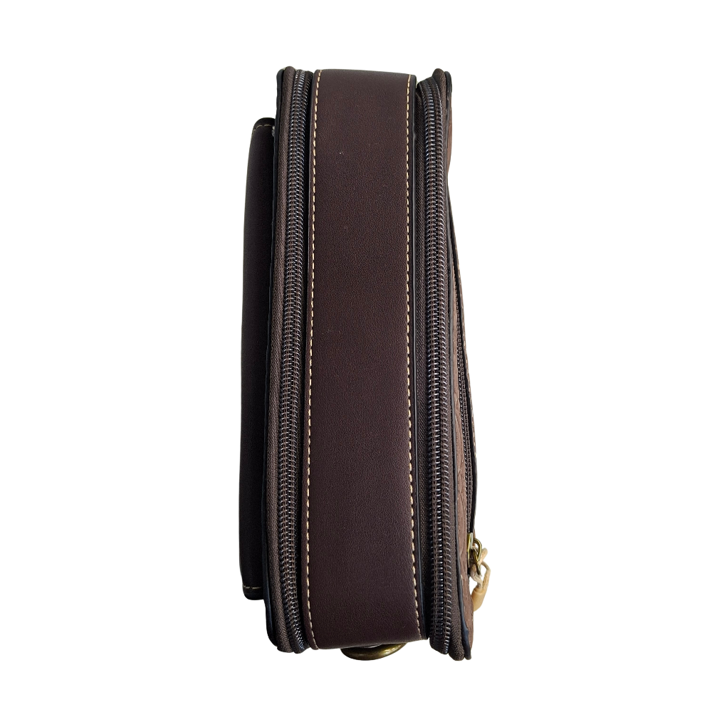 Cotton Road Sling Bag: COFFEE BROWN PU Leather Crossbody with Embossed Flowers and BRANDED TOP CLOSED ZIPS 