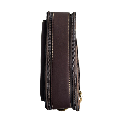 Cotton Road Sling Bag: COFFEE BROWN PU Leather Crossbody with Embossed Flowers and BRANDED TOP CLOSED ZIPS 