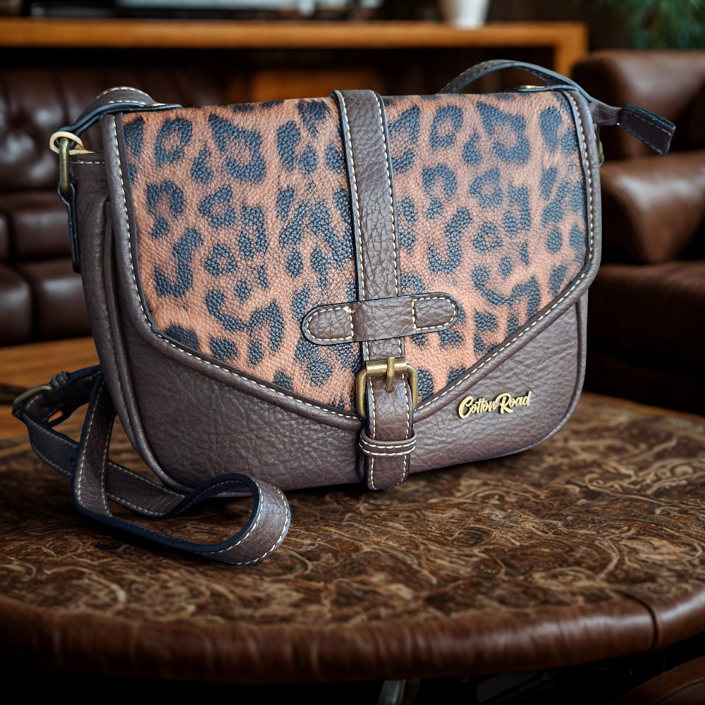 Cotton Road Sling Bag: COFFEE BROWN PU Leather Crossbody with Leopard Print and Buckle Strap