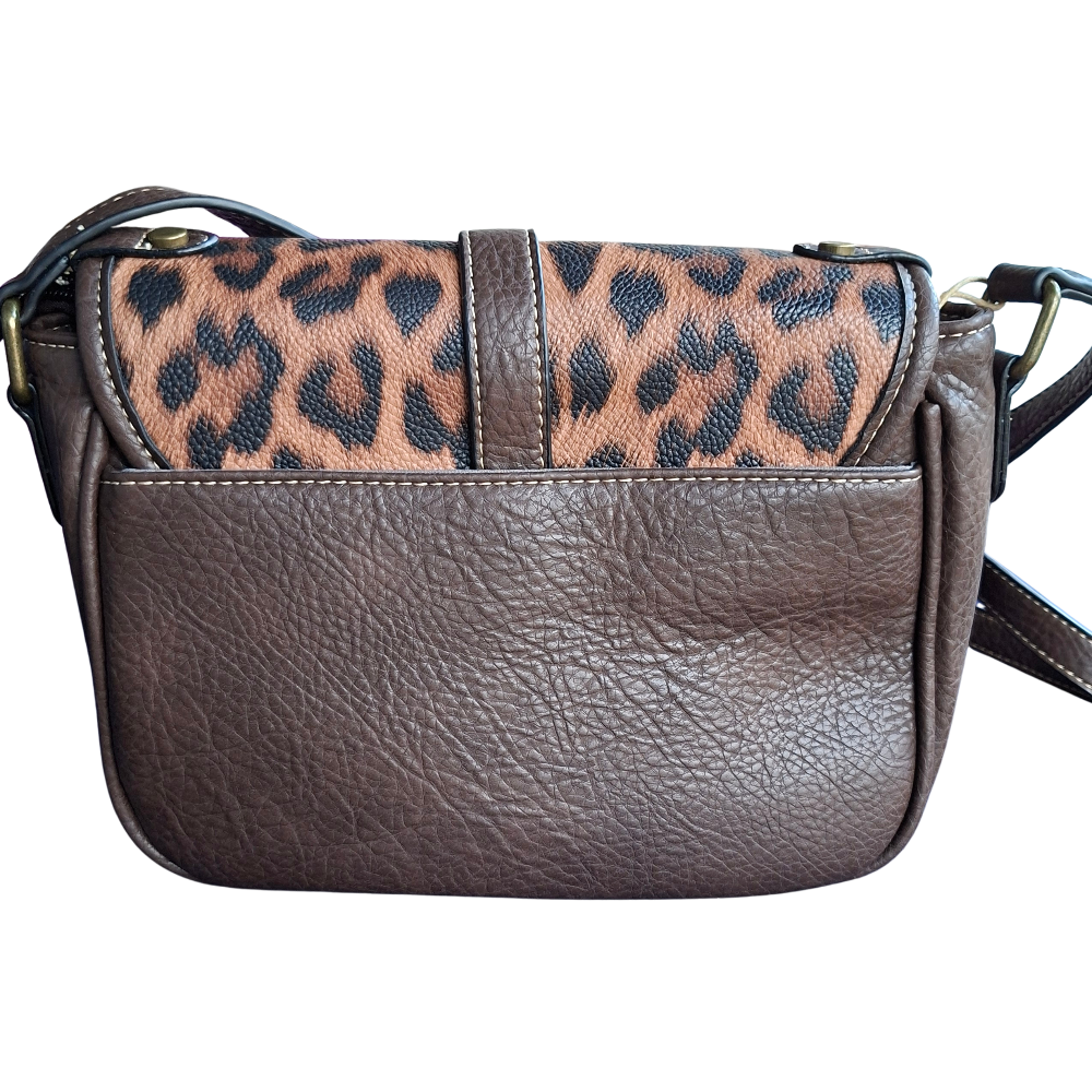 Cotton Road Sling Bag: COFFEE BROWN PU Leather Crossbody with Leopard Print and Buckle Strap BACK