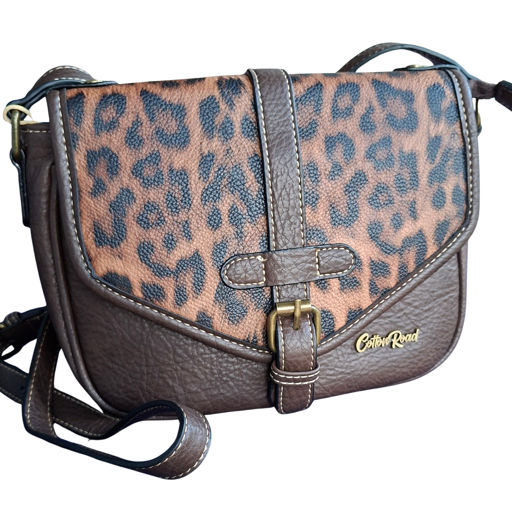 Cotton Road Sling Bag: COFFEE BROWN PU Leather Crossbody with Leopard Print and Buckle Strap FRONT VIEW 