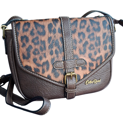 Cotton Road Sling Bag: COFFEE BROWN PU Leather Crossbody with Leopard Print and Buckle Strap FRONT VIEW 