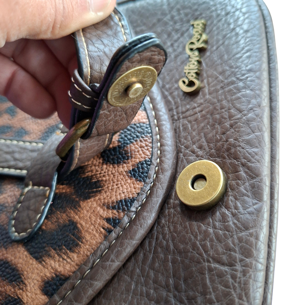 Cotton Road Sling Bag: COFFEE BROWN PU Leather Crossbody with Leopard Print and Buckle Strap MAGNETI CLIP