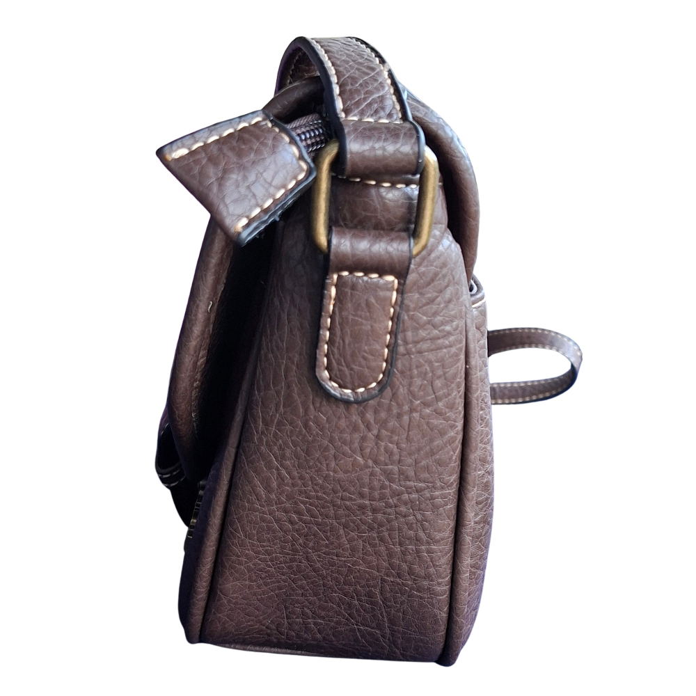 Cotton Road Sling Bag: COFFEE BROWN PU Leather Crossbody with Leopard Print and Buckle Strap SIDE