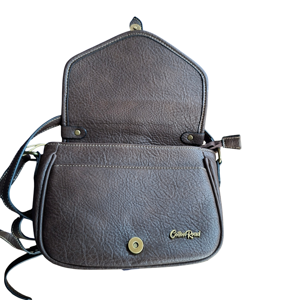 Cotton Road Sling Bag: COFFEE BROWN PU Leather Crossbody with Leopard Print and Buckle Strap TOP FLAP OPEN