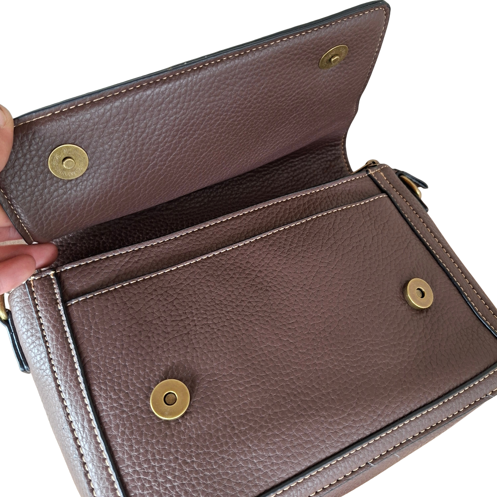 Cotton Road Sling Bag: COFFEE BROWN PU Leather Flap Crossbody with LEOPARD PRINT Panel & Branded Strap open front flap